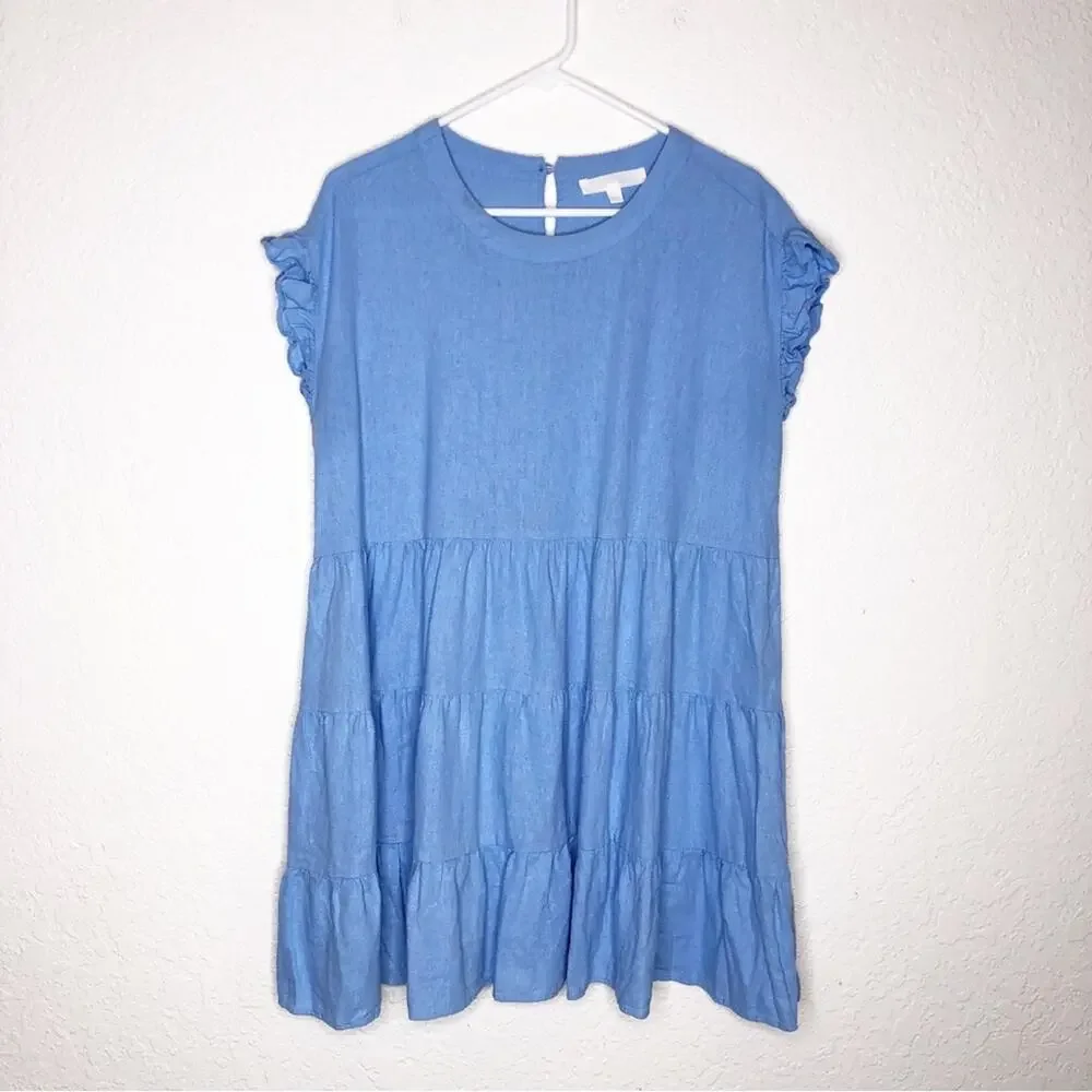 Adyson Parker blue ruffle trim tiered linen blend dress size Large